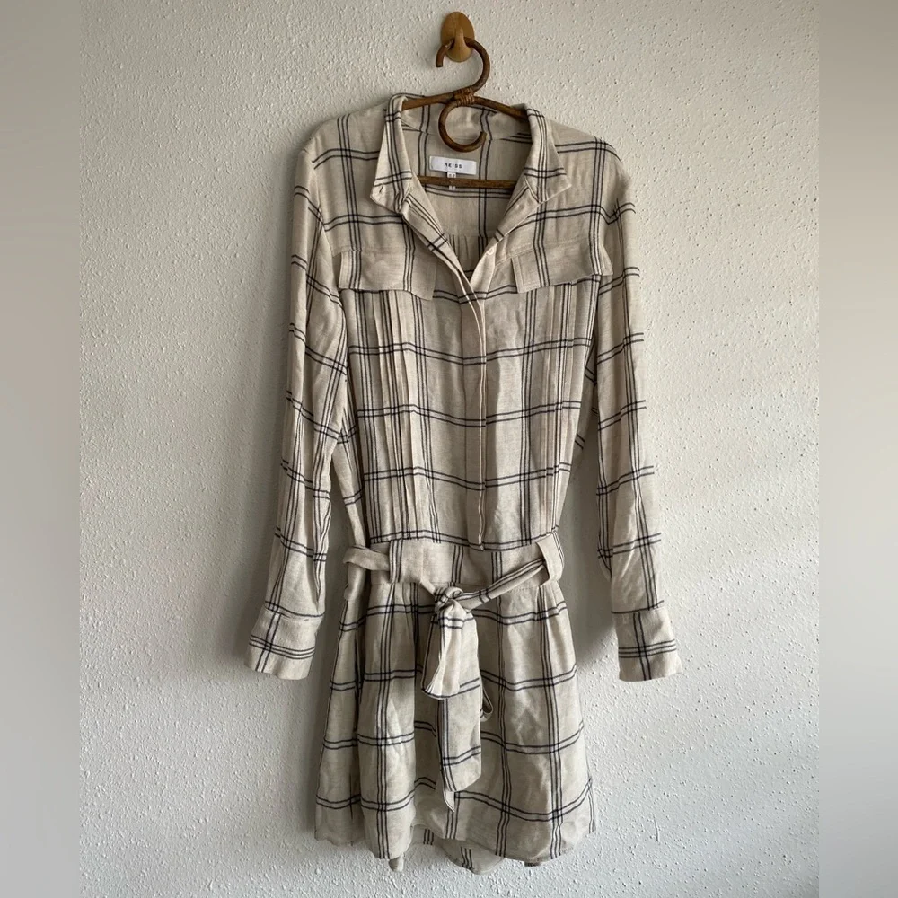 Reiss Checked Shirt Dress Tan and White - Picture 2 of 6